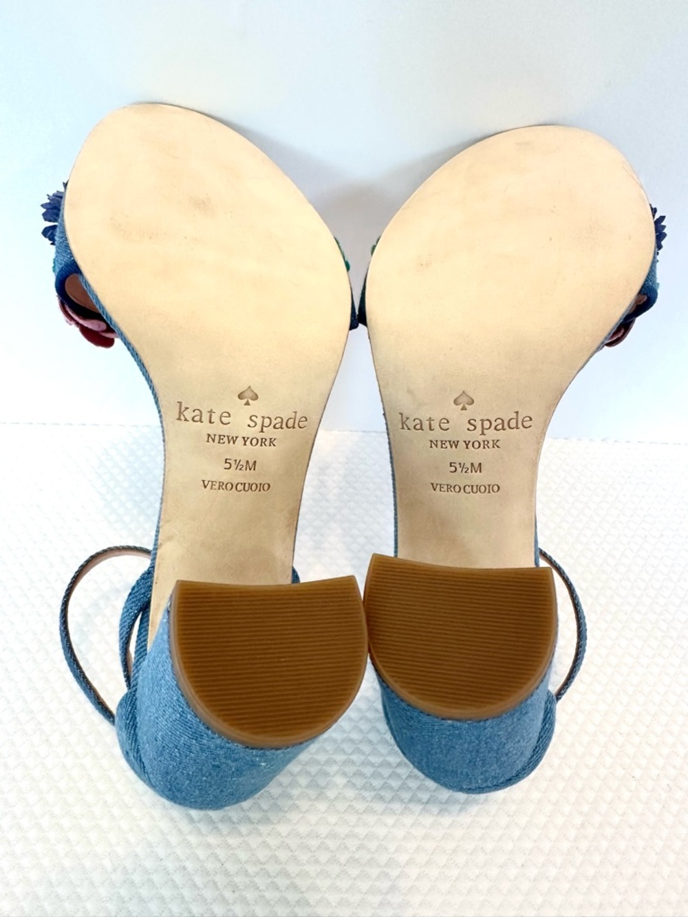 Kate Spade NY RARE Blue Denim Block Heel Sandals with Floral Appliqué Festive - Picture 6 of 10